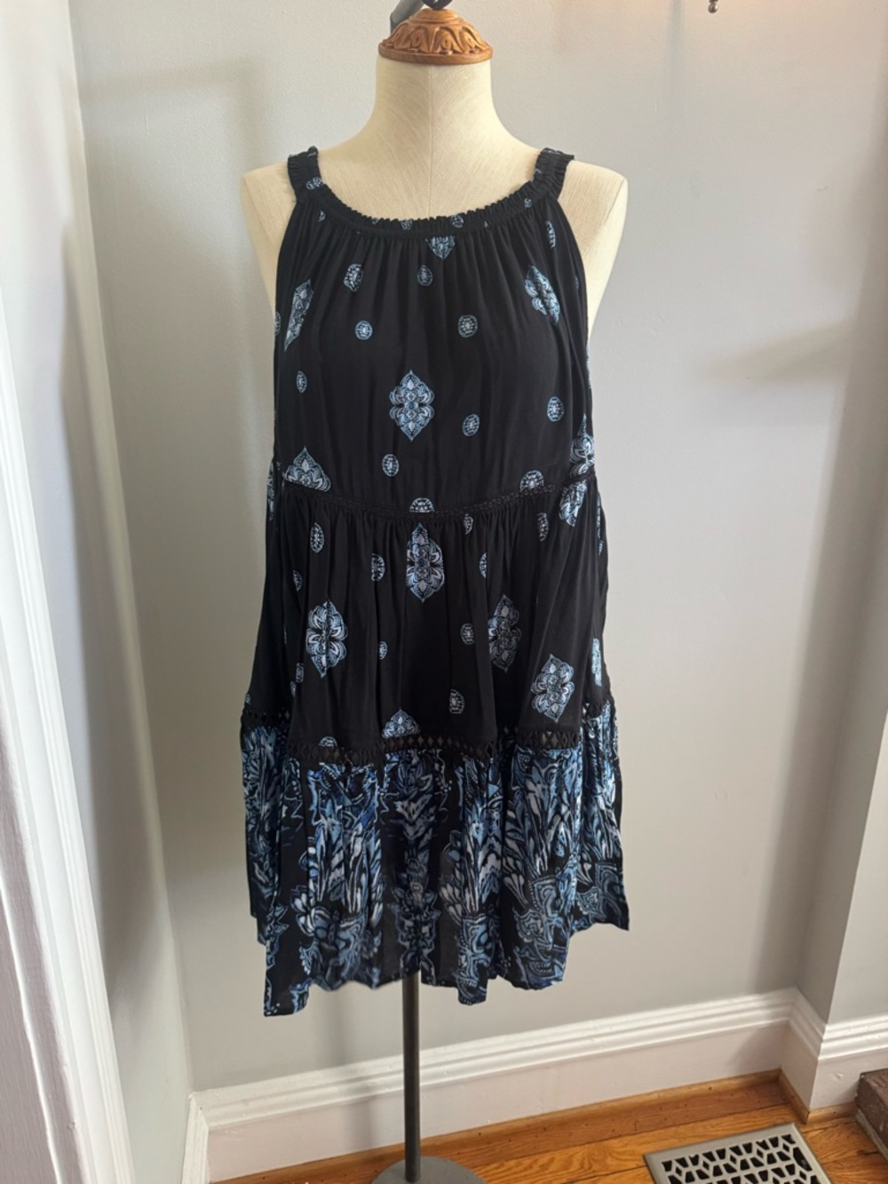 Free People Black Mini Dress with Blue Print